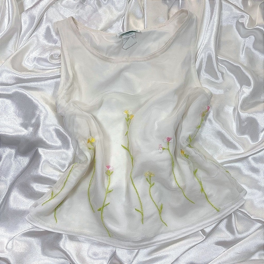 y2k Tank Top White Excellent Rare Editions Floral Mesh Embroidered E420760A